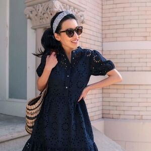 J Crew Puff Sleeve Eyelet Mini Sun Dress Sz 4 Navy Blue A Line Ruffle Hem